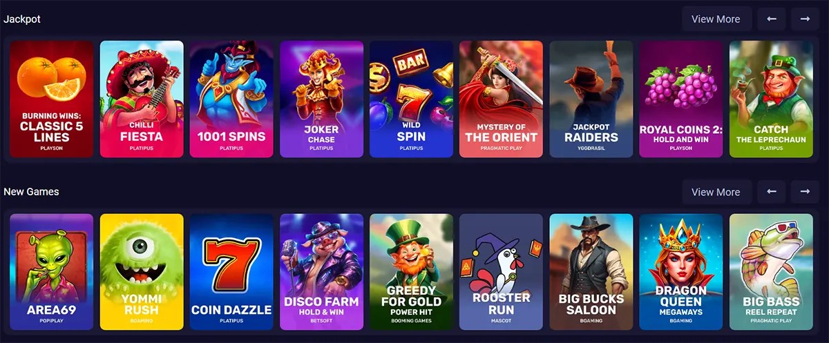 Online casino lobby showing two rows of colourful slot game tiles under “Jackpot” and “New Games,” with titles like Chilli Fiesta, 1001 Spins, Wild Spin, Mystery of the Orient, Royal Coins 2, Area69, Coin Dazzle, Disco Farm, Big Bucks Saloon, and Dragon Queen Megaways, plus “View More” navigation buttons.