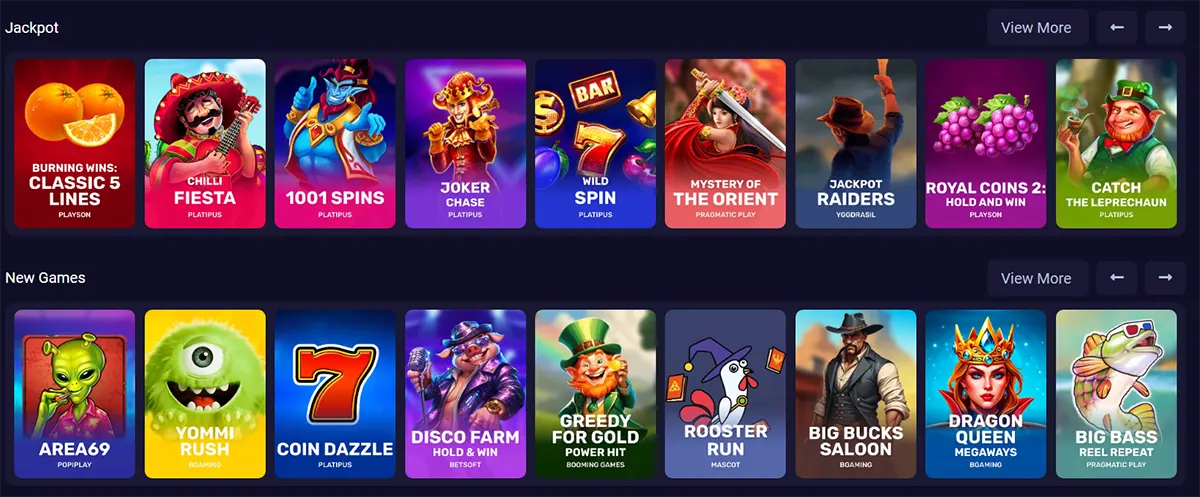 Online casino lobby showing two rows of colourful slot game tiles under “Jackpot” and “New Games,” with titles like Chilli Fiesta, 1001 Spins, Wild Spin, Mystery of the Orient, Royal Coins 2, Area69, Coin Dazzle, Disco Farm, Big Bucks Saloon, and Dragon Queen Megaways, plus “View More” navigation buttons.