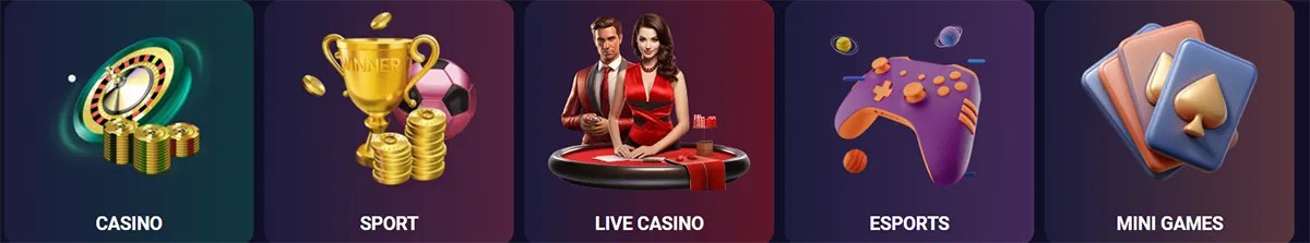 Row of gambling category cards showing icons for Casino (roulette and chips), Sport (trophy and coins), Live Casino (dealer with players at a table), Esports (game controller), and Mini Games (playing cards) on a dark background.