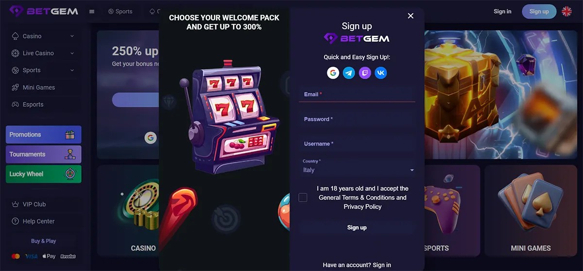 Screenshot of the BetGem gambling site with a dark purple interface, showing a “Sign up” pop-up form (email, password, username, country Italy, 18+ checkbox) alongside a welcome pack promo “get up to 300%” and slot machine graphics, with a left sidebar menu for Casino, Live Casino, Sports and promotions.