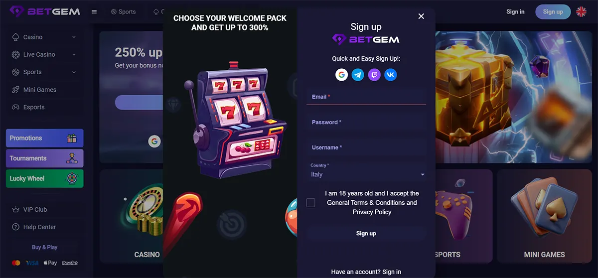 Screenshot of the BetGem gambling site with a dark purple interface, showing a “Sign up” pop-up form (email, password, username, country Italy, 18+ checkbox) alongside a welcome pack promo “get up to 300%” and slot machine graphics, with a left sidebar menu for Casino, Live Casino, Sports and promotions.